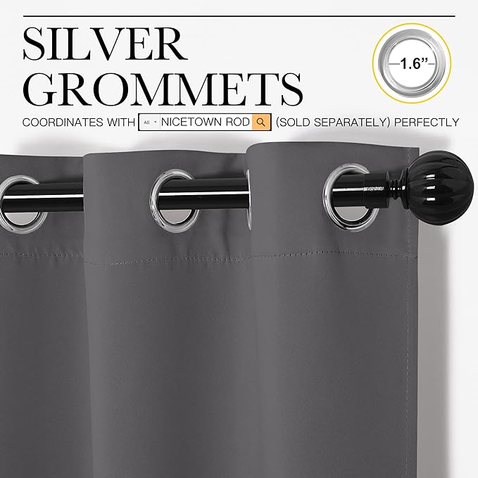 NICETOWN Bedroom Blackout Curtains Panels, 1 Pair, 52 inches by 92 Inch, Grey, Triple Weave Energy Saving Thermal Insulated Solid Grommet Blackout Draperies for Patio