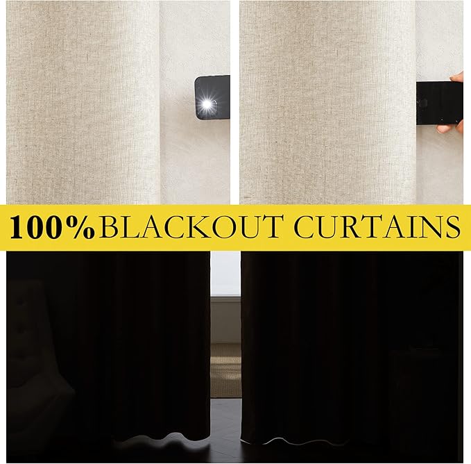 NICETOWN 100% Absolutely Blackout Linen Curtains with Thermal Insulated White Liner, 52" W, 2 PCs, Beige, 108" Long Drapes Sweep The Floor Decorative Keep Privacy Panels for Living Room/Villa/Bedroom