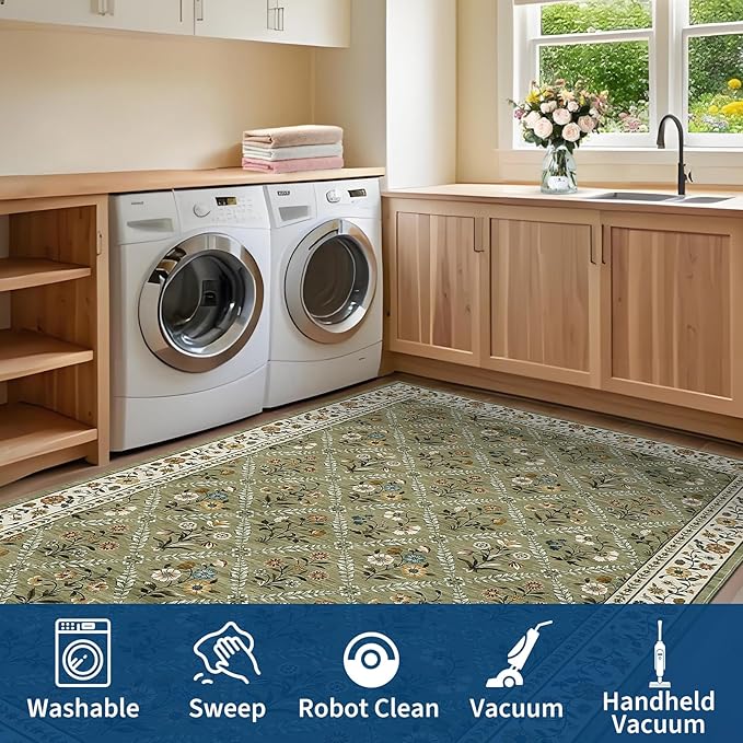 Runner Rug for Hallway Entryway 2.5x8 Farmhouse Floral Non-Slip Machine Washable Kitchen Rug Runner Non-Shedding Low-Pile Soft Long Carpet for Entrance Laundry Room Green