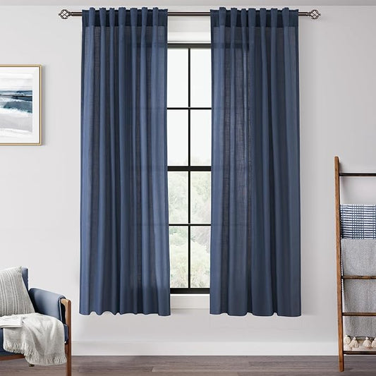 Navy Blue Curtains 63 inch Length for Bedroom Back Tab Light Filtering Semi Sheer Blue Living Room Curtains Linen Cotton Textured Indigo Blue Drapery Panel Modern Farmhouse Aesthetic Decor Dark Blue