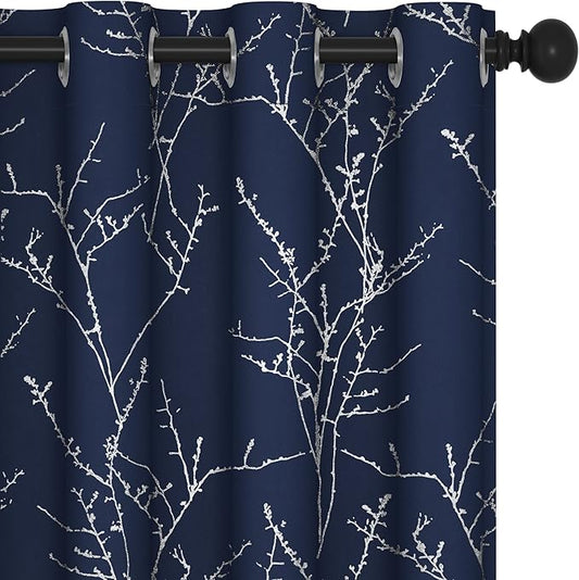 Deconovo Blackout Curtains, Navy Blue Curtain, Thermal Insulated Soundproof Drapes, Branch Silver Print, 52 x 63 Inch Long, Machine Washable Grommet Panels for Bedroom Living Room Office, Set of 2