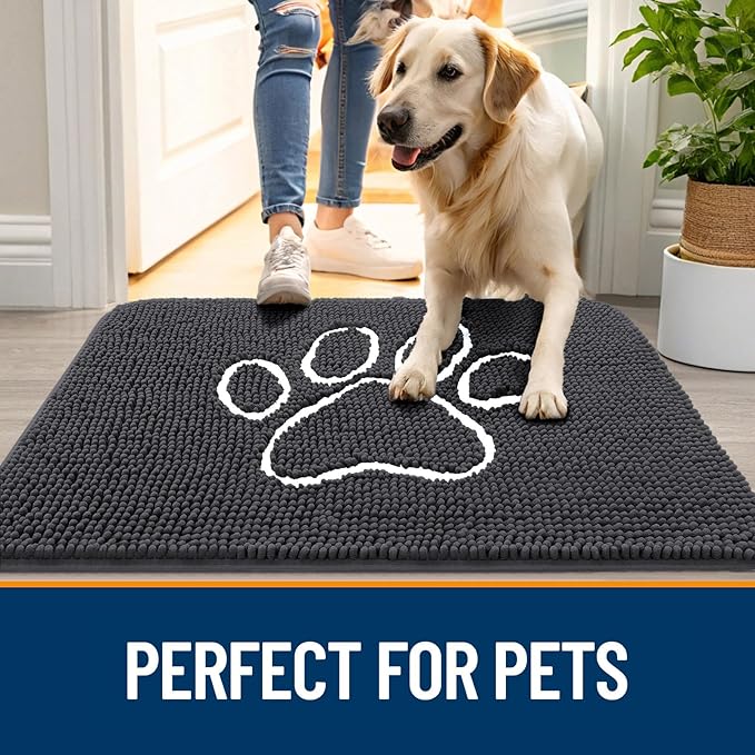 OLANLY Dog Door Mat for Muddy Paws 32x20, Paw Print Design, Absorbs Moisture and Dirt, Absorbent Non-Slip Washable Doormat, Quick Dry Chenille Mud Mat for Dogs, Entry Indoor Entryway Carpet, Dark Grey
