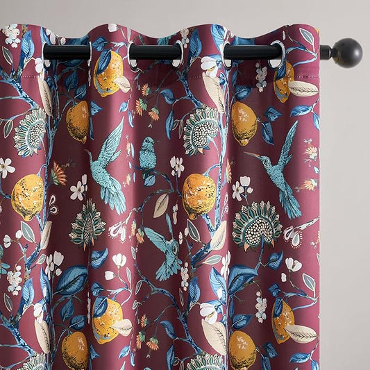 Rust Vintage Floral Curtains 84 Inch Long Luxury Whimsical Euro Flower Lemon Hummingbird Patterned Waverly Mid Century Colorful Blackout Drapes for Living Room Bedroom