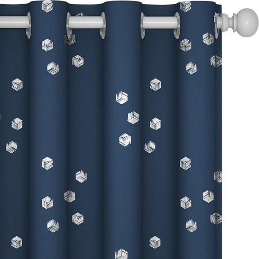 Deconovo Designer Series Silver Cubic Print Blackout Curtains for Living Room Bedroom, Thermal Insulated Soundproof Window Drapes, Grommet Top, Navy Blue,52W x 95L Inch, 2 Panels