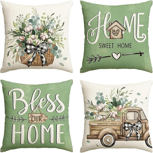 AVOIN colorlife Bless Our Home Farmhouse Eucalyptus Leaves Throw Pillow Covers, 20 x 20 Inch Green Truck Home Sweet Cushion Case Decorations Set of 4