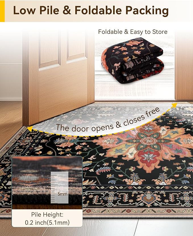 Area Rugs 3'x7' Runner Rug Non Slip Washable for Kitchen Hallway Bedroom Beside Laundry Room Bathroom Rug, Floor Carpet, Black Colorful Floral Dark Tan