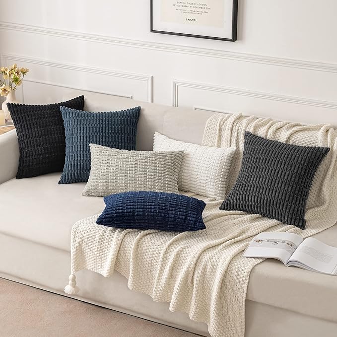 MIULEE Pack of 2 Corduroy Decorative Throw Pillow Covers 20x20 Inch Soft Boho Striped Pillow Covers Modern Farmhouse Home Decor for Sofa Living Room Couch Bed Pure White