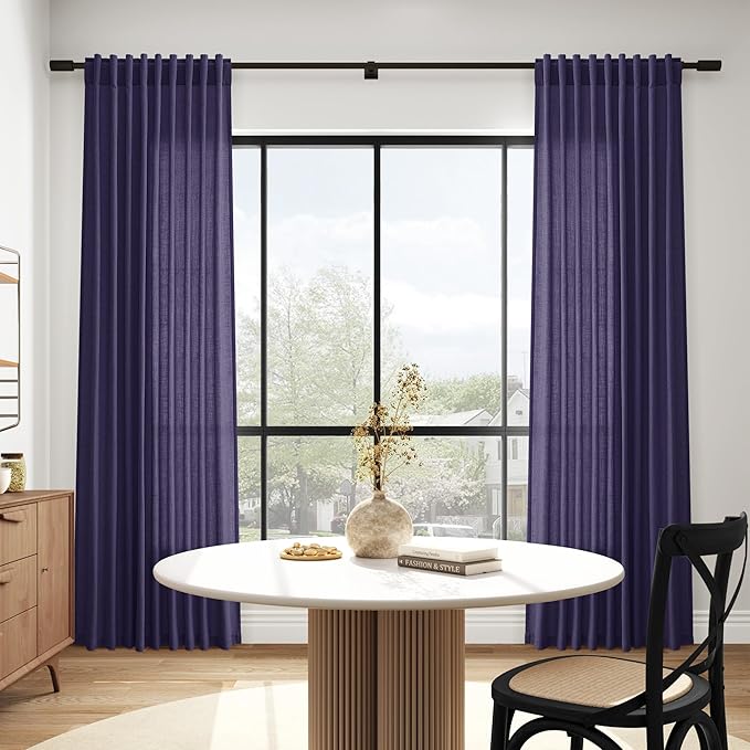 Nanspring Purple Linen Blend Light Filtering Back Tab Curtains 96 Inches Long, Semi Sheer Privacy Drapes for Living Room & Bedroom, 52x96 inch, 2 Panels