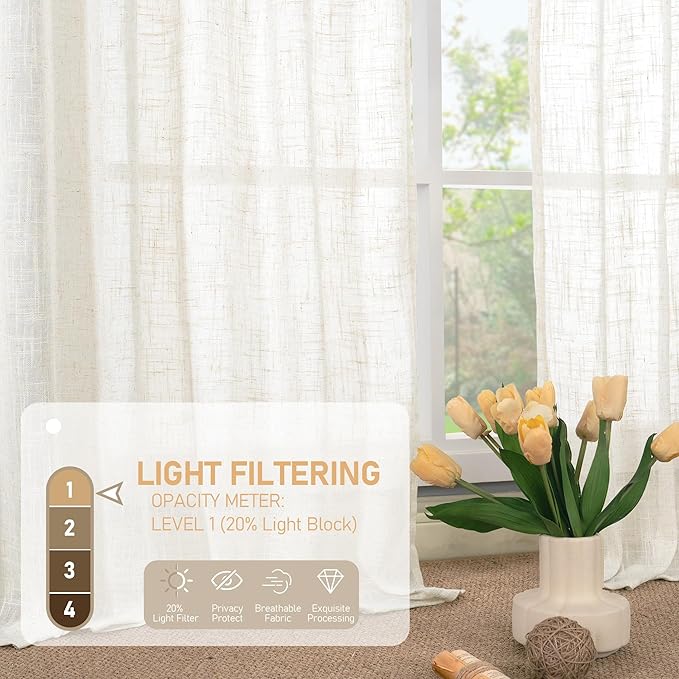 LAMIT 45 Inch Short Window Linen Curtains, Light Filtering Panels Back Tab and Rod Pocket Neutral Drapes for Cafe/Bathroom/Loft Room, Cream, 2 Panels, 34 x 45 Inch