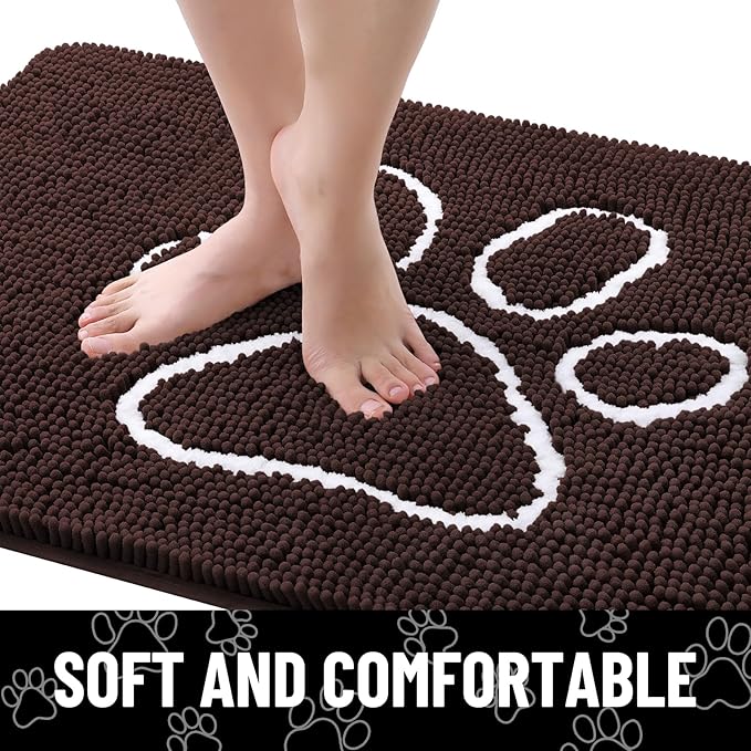 Smiry Dog Door Mat for Muddy Paws, Absorbent Dirt Trapper Non Slip Quick Dry Washable Chenille Mat for Mud Dogs, Entry Rug for Indoor and Outdoor (47x17 Inches, Brown and White)