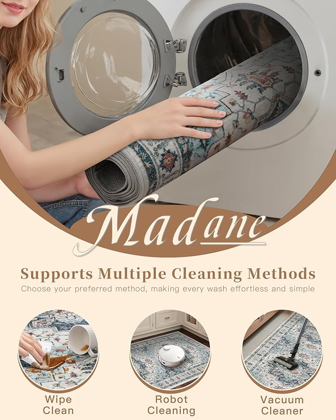 Madane Washable Entry Rug 3x4, Area Rugs for Entryway Kitchen Bathroom Door Mat Indoor Entrance, Vintage Floral Print Office Runner with Non Slip Rubber Backing, Blue