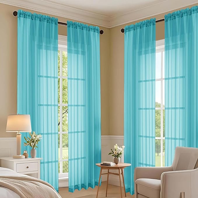 OVZME Turquoise Sheer Curtains 72 Inches Long 2 Panels Set, Light Filtering Sheer Curtains for Living Room Bedroom 59 Inch Extra Wide, Modern Voile Filmy Rod Pocket Window Drapes, 59Wx72L Inches