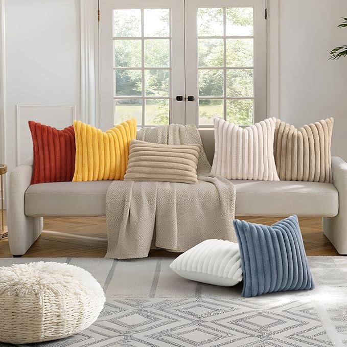 decorUhome Cozy Faux Fur Throw Pillow Covers 20x20 Set of 2 Decorative Soft Plush Striped Modern Farmhouse Boho Couch Pillow Cases with Velvet Back for Sofa Bed Living Room, Khaki Brown