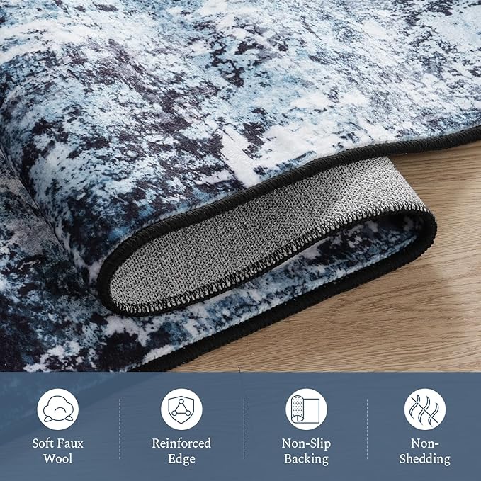 Rugflix 9x12 Area Rugs for Living Room, Washable Large Rug Stain-Resistant Low Pile, Modern Dark Carpet for Dining Room Home Office Kid Room Nursery Bedroom, Navy Blue/Black