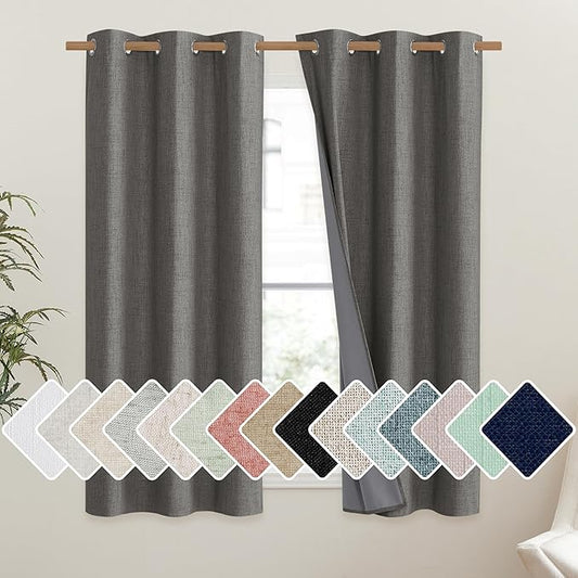 NICETOWN Grizzle Gray Vintage Linen 100% Blackout Curtains for Dining Room, Thermal Insulated Curtains 54" Long, Noise Reducing Window Treatment Drapes for Kitchen, 42" Wide Per Panel, Set of 2