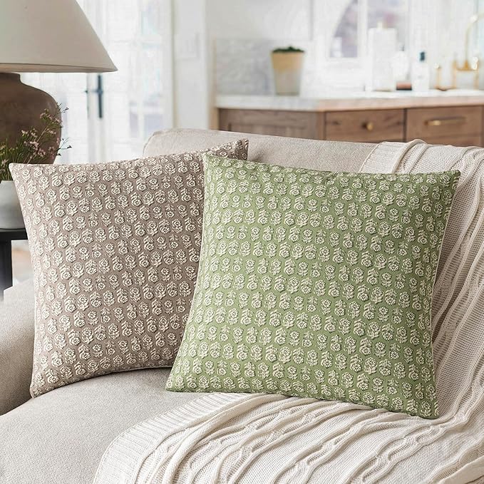 Foindtower Set of 2 Decorative Vintage Floral Print Throw Pillow Covers Neutral Modern Farmhouse Cushion Covers Boho Home Decor for Sofa Couch Chair Bedroom Living Room Outdoor,22×22 Inch,Lime Green
