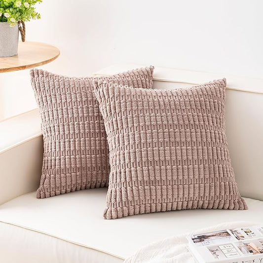 Pack of 2 Corduroy Decorative Throw Pillow Covers 18x18 InchSoft Striped Pillow Covers Modern Farmhouse Home Decor for Sofa Living Room Couch Bed（Light Brown）
