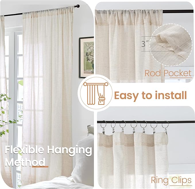 BGment 80 Inches Long Linen Semi Sheer Curtains for Bedroom, Oatmeal Light Filtering Window Drapes with Rod Pocket Lightweight Natural for Farmhouse Living Room, 2 Panels Set, Each 52 Inch Wide