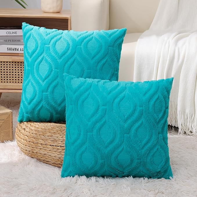 decorUhome Summer Throw Pillow Covers 18x18 Inch Set of 2, Soft Plush Faux Wool Turquoise Solid Couch Pillow Covers, Accent Farmhouse Neutral Square Pillow Cases for Sofa Bed Living Room