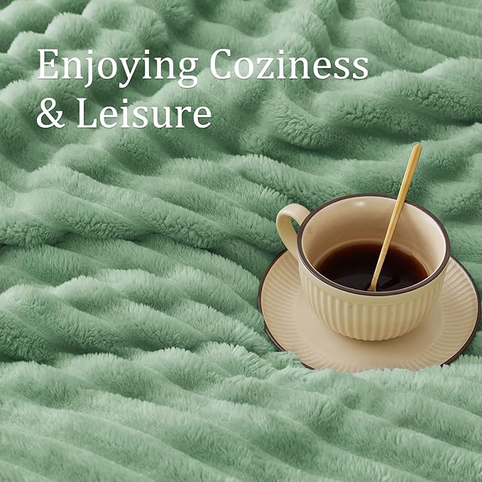 BEDELITE Fleece Green Throw Blanket for Couch - 300GSM Soft & Warm Fluffy Green Blanket, Decorative and Giftable Striped Blankets for Women, Men, 50"x60"