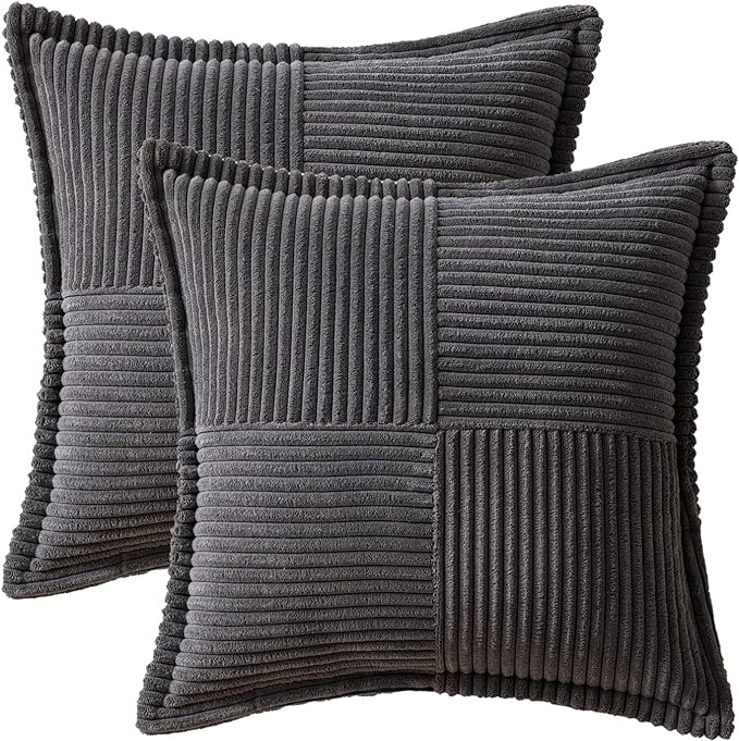 MIULEE Dark Grey Corduroy Decorative Euro Sham Pillow Covers 24x24 Inch with Splicing Set of 2 Soft Boho Pillow Covers Broadside Textured Pillowcases for Couch Bed Livingroom