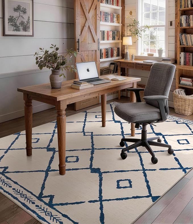 YIHOUSE Boho Rugs for Living Room, 8x10 Western Beige and Blue Area Rug, Moroccan Geometric Soft Low-Pile Washable Rugs for Bedroom, Dining Room