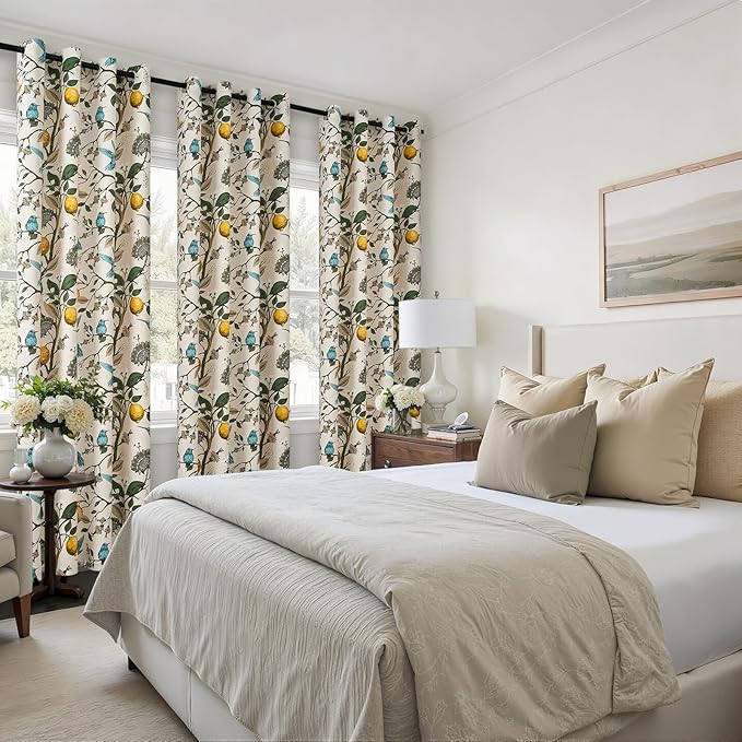 Topfinel Beige Vintage Floral Curtains 84 Inch Long Luxury Whimsical Euro Flower Lemon Hummingbird Patterned Waverly Mid Century Colorful Blackout Drapes for Living Room Bedroom
