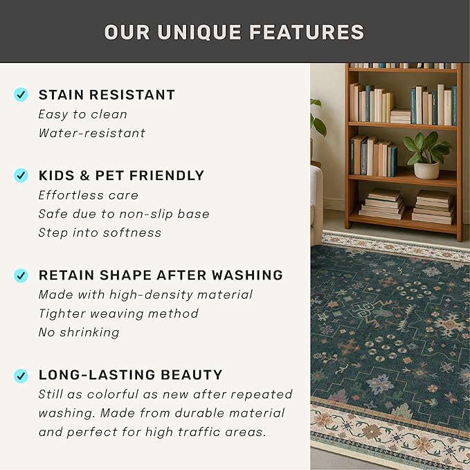 Hazo Haus Vintage 2x7 Washable Runner Rug Non Slip for Kitchen, Bathroom, Hallway - Low Pile Stain Resistant 7ft Long Runner Rugs - Victorian Eclectic Floral Pastel Home Decor (2x7 Dark Green)