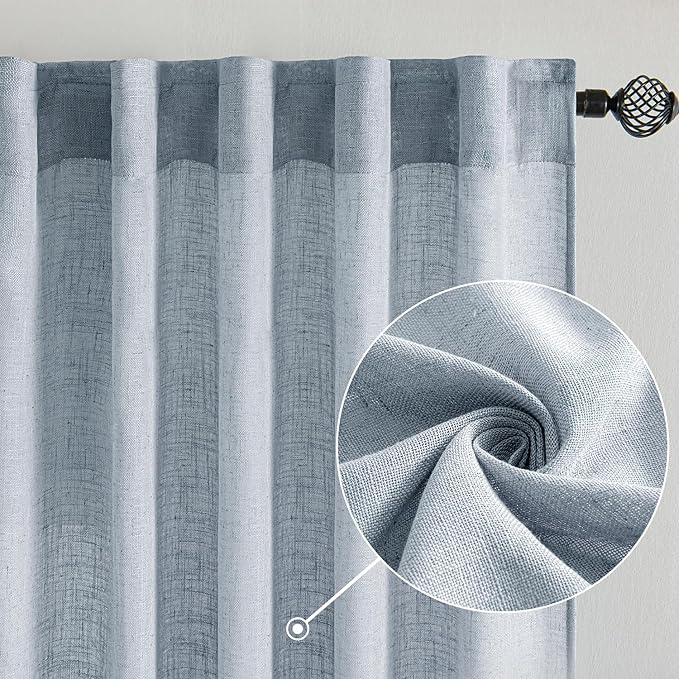 MIULEE Chambray Blue Linen Curtains 90 Inch Long 2 Panels for Bedroom Living Room, Soft Linen Textured Window Drapes Semi Sheer Light Filtering Back Tab Rod Pocket Farmhouse Modern Burlap Look Decor