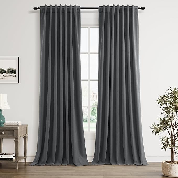 Guken 100% Blackout Curtains 96 Inch Length 2 Panels Set for Living Room Bedroom Back Tab Thermal Insulated Black Out Linen Drapes Room Darkening Blazer Grey,52x96