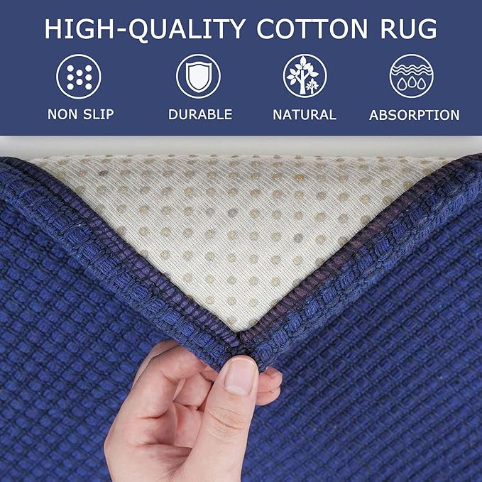 KOZYFLY Runners for Hallways 2x5 ft Washable Kitchen Runner Non Slip Rubber Backed Hall Runners Cotton Entryway Runner Rugs Floor Carpet for Indoor Backdoor Bedroom Kitchen, Royal Blue/Navy