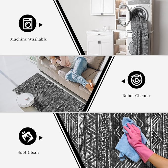 3x6 Washable Hallway Runner Rug - Moroccan Non-Slip Long Runners for Entryway Soft Modern Geometric Low-Pile Rugs for Kitchen Waterproof Neutral Carpet for Bedroom Bathroom Laundry 3x6 Black