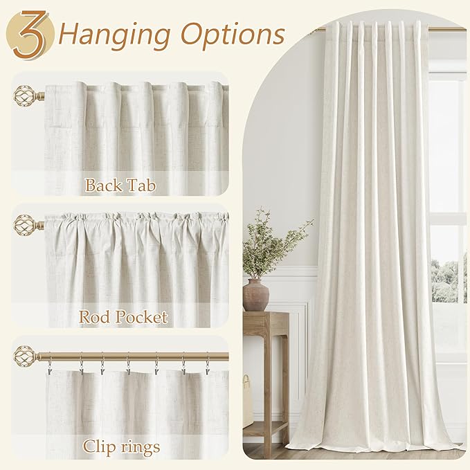 Guken Cream 100% Blackout Linen Curtains 126 Inch Length 2 Panels Set for Living Room Bedroom Back Tab Rod Pocket Thermal Insulated Black Out Drapes Room Darkening Window Curtains 52x126