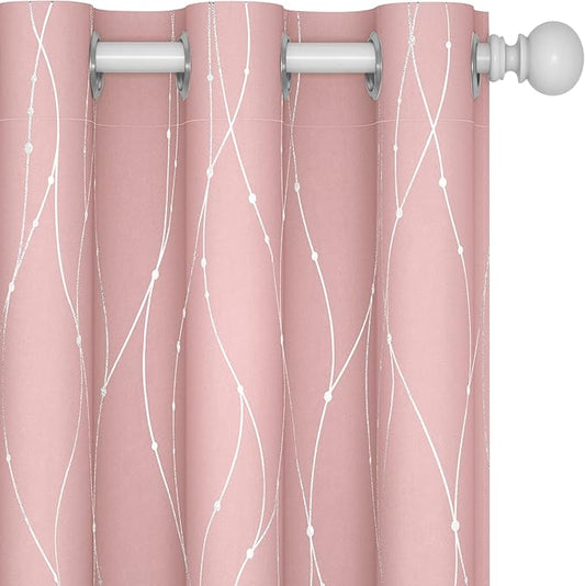 Deconovo Pink Blackout Curtains for Bedroom, Thermal Insulated Soundproof Pravicy Curtain, Silver Wave Dots Print, 42 x 63 Inch Long, Machine Washable Window Panels for Kids Room Nursery, Set of 2