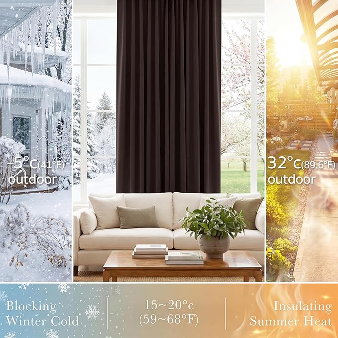Pony Dance Blackout Curtains Thermal Insulated Window Treatment Panels Room Darkening Shade Drapes for Living Room Back Tab/Rod Pocket Bedroom Draperies, 34 x 63 Inch, Brown, 2 Panels