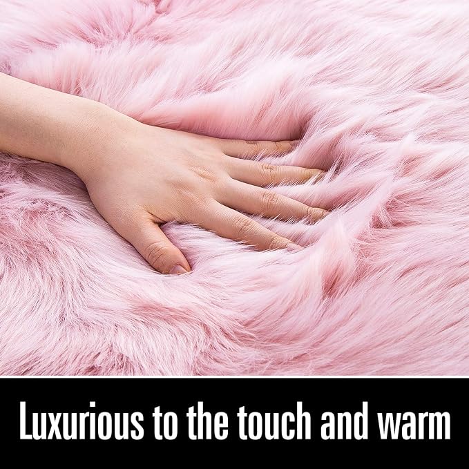 LOCHAS Soft Fluffy Faux Fur Rugs for Bedroom Bedside Rug 2x4 Feet, Washable, Furry Sheepskin Area Rug for Living Room Girls Room, Luxury Shag Carpet Home Decor, Pink