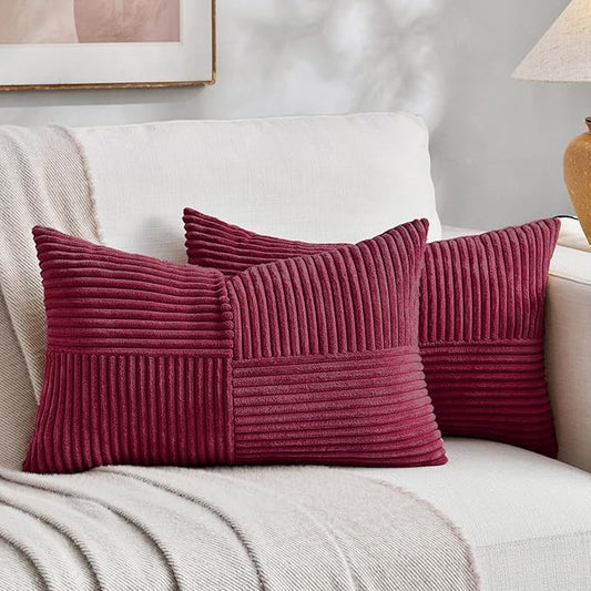 Fancy Homi 2 Packs Burgundy Lumbar Decorative Throw Pillow Covers 14x22 Inch for Living Room Couch Bed, Farmhouse Boho Home Decor, Soft Striped Corduroy Rectangle Accent Cushion Case 35x55 cm