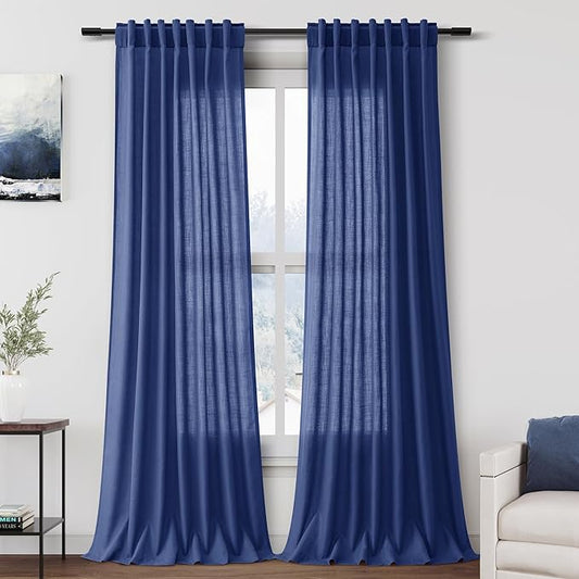 Classic Blue Linen Curtains 90 Inch Long 2 Panels Set for Bedroom Living Room Linen Textured Window Drapes Semi Sheer Light Filtering Rod Pocket Back Tab Cotton Textured Farmhouse Curtain 52x90