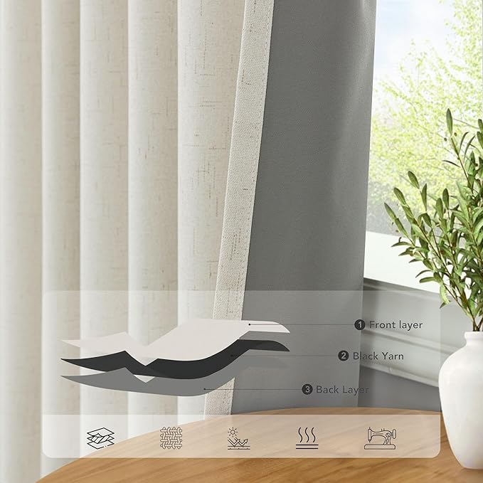 Pitalk 100% Blackout Cream Ivory Linen Curtains 48 Inches Long Linen Textured Living Room Kitchen Curtains Full Room Darkening Black Out Short Curtain for Bedroom Window 2 Panels 36 x 48 Inch Length