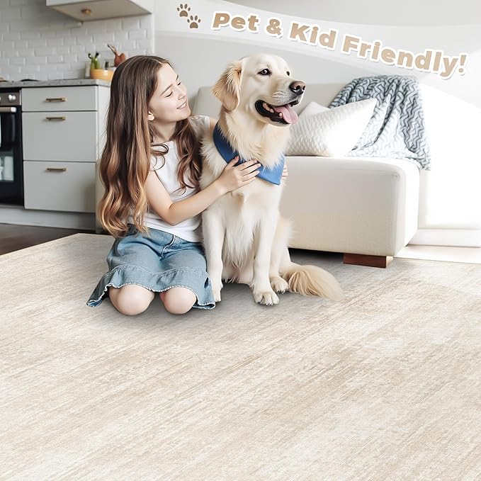 Area Rugs 10x14 Living Room: Washable Rug Modern Abstract Neutral Soft Non-Slip Low-Pile Indoor Large Carpet for Bedroom Dining Room Playroom Home Office (Beige, 10'x14')