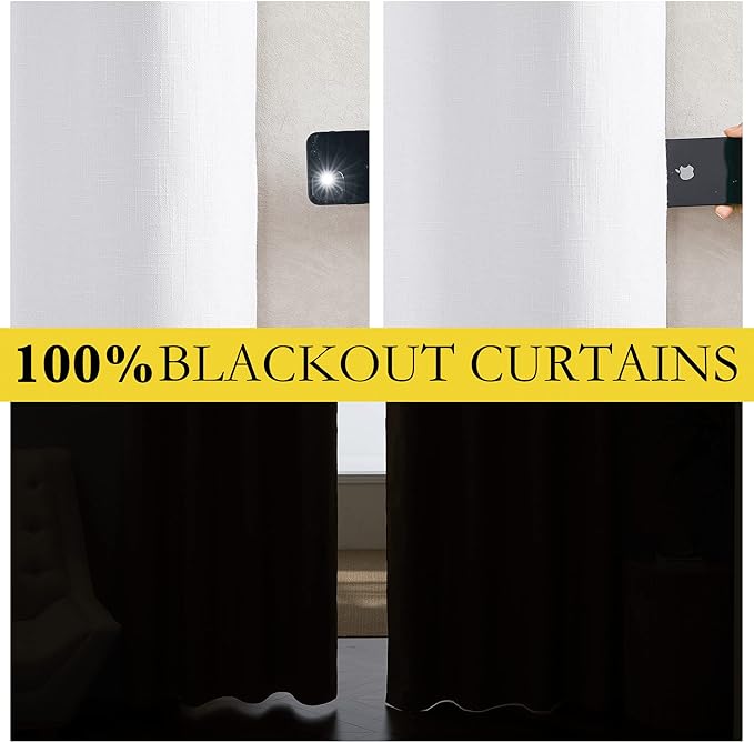 NICETOWN 100% Absolutely Blackout Linen Curtains with Thermal Insulated White Liner, White, 34 inches Wide, 80 inches Length Energy Saving Curtains for Living Room 2 Panels Set, Vertical Blinds
