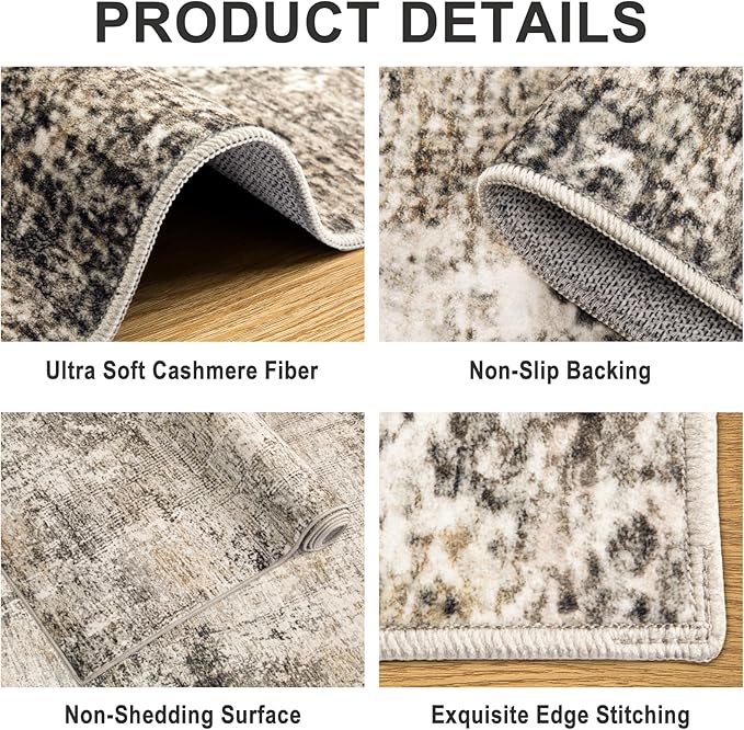 Area Rugs Living Room Rug - 4x6 Washable Modern Abstract Soft Neutral Non-Slip Carpet Large Indoor Floor Thin Carpets for Bedroom Dining Room Farmhouse Nursery Home Office Brown Black Grey