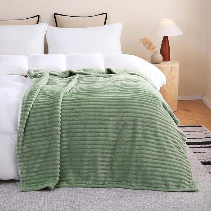 Sage Green Fleece Throw Blanket 90”×90” for Couch Sofa Bed,Super Soft Cozy Plush Microfiber Flannel Blanket with Stripes Design Lightweight for Adults,Woman,Girls