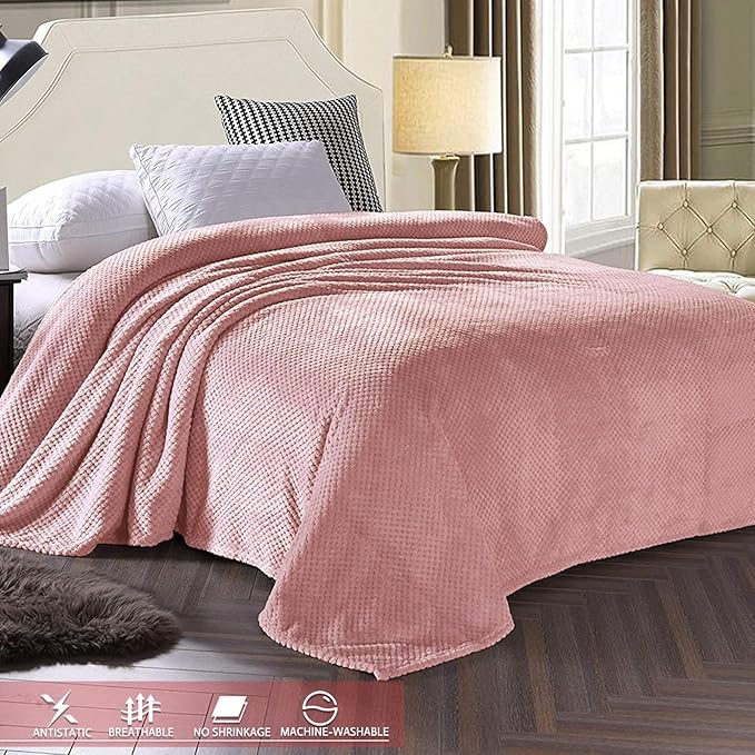 Exclusivo Mezcla Fleece Bed Blanket Twin Size, Super Soft and Warm Blankets for Couch, Sofa and Bed Waffle Textured, Cozy, Fuzzy and Lightweight (Dusty Pink, 90x66 Inches)