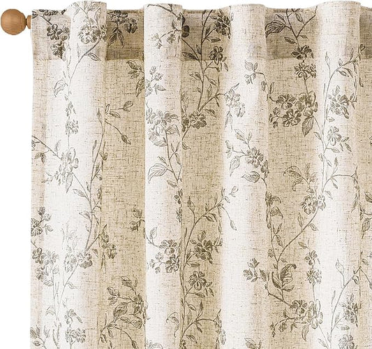 Lazzzy Grey Floral Linen Curtains 84 Inch Farmhouse Back Tab Drapes for Living Room Bedroom Light Filtering Vintage Grandmillennial Rod Pocket Curtains, 2 Panels, W38 x L84, Grey on Beige