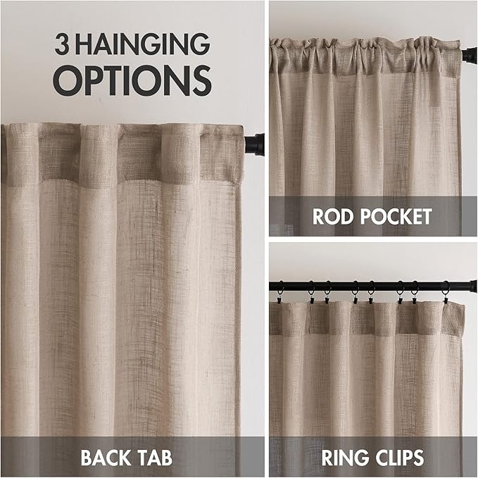 MIULEE Taupe Linen Curtains 90 Inch Length 2 Panels for Bedroom Living Room, Soft Thick Linen Textured Window Drapes Semi Sheer Light Filtering Back Tab Rod Pocket Burlap Look Decor, W37xL90