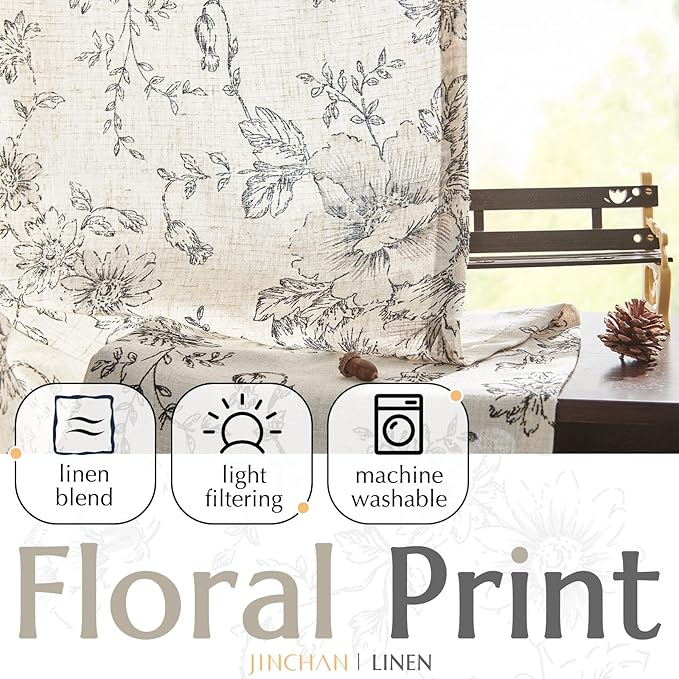 jinchan Linen Floral Curtains 84 Inch Length for Living Room Bedroom Light Filtering Farmhouse Peony Flower Drapes Rustic Window Curtain Set Rod Pocket Back Tab 2 Panels Black