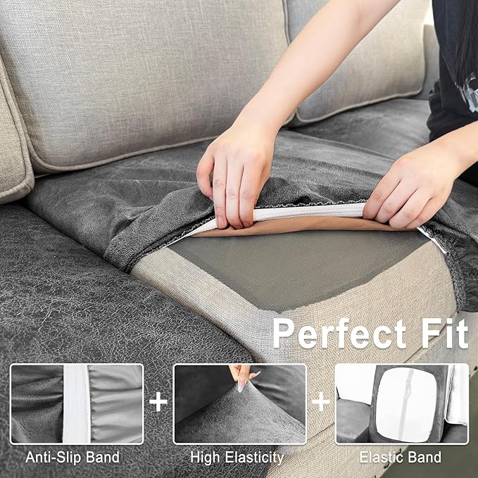 Leather Look Couch Cushion Covers Sofa Seat Slipcovers Sets Couches Furniture Protector for Sectional Armchair Loveseat Pets Kids Stretch Spandex Fabric (3 Cushion XL Sofa, Light Grey)