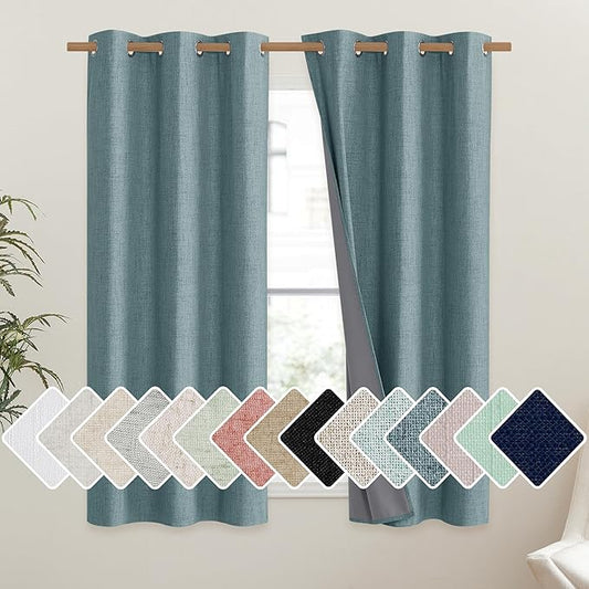 NICETOWN 100% Absolutely Blackout Linen Curtains with Thermal Insulated Liner, Skylark Blue, 42" Wide, 54" Length Energy Saving Curtains for Dining Room 2 Panels Set, Vertical Blinds