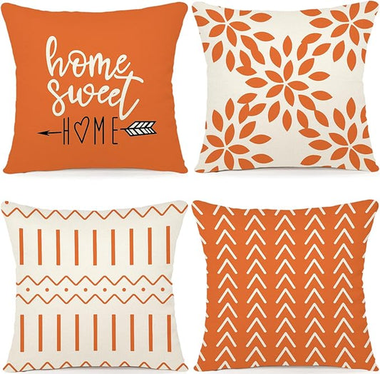 YCOLL Fall Pillow Covers 22x22 Set of 4, Modern Sofa Throw Pillow Cover for Fall Decor, Decorative Outdoor Linen Fabric Pillow Case for Couch Bed Car, Orange